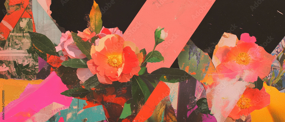 Poster playful geometric collage blending pressed flowers and colorful textures in a minimalistic style