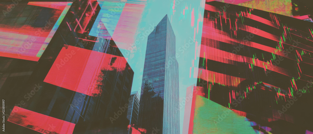 Poster geometric collage blending stock market elements with vibrant textures surrounding a skyscraper