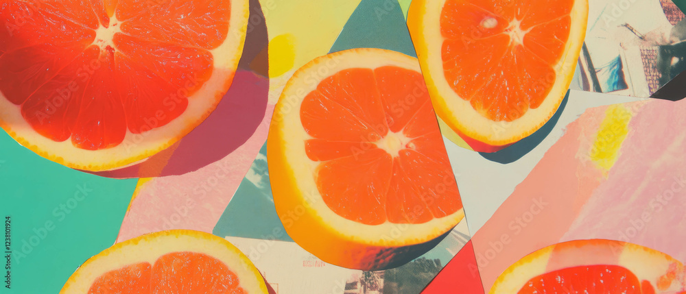Poster geometric collage of citrus fruits with colorful textured paper background