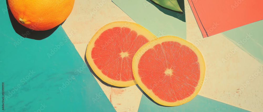 Poster geometric collage featuring citrus slices and vibrant paper textures in a playful design