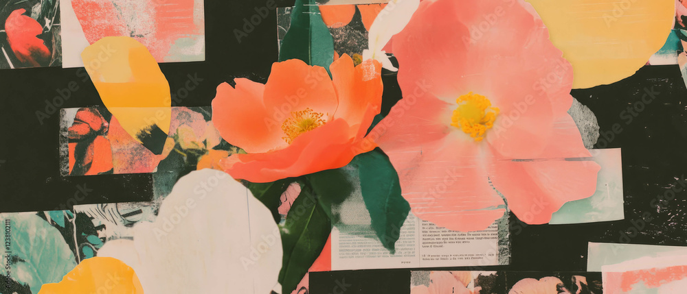Poster minimalist collage featuring botanical elements and vibrant textures on a black background
