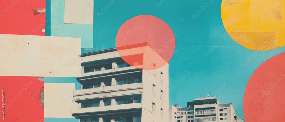Poster minimalistic collage combines geometric abstraction with urban high-rise elements
