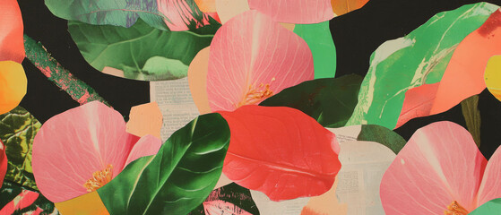 Minimalist collage showcasing botanical illustrations and vintage elements with vibrant textures