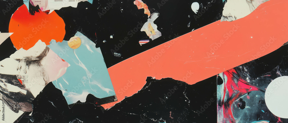 Poster minimalistic scrapbook collage portraying abstract movement and energy through mixed media textures