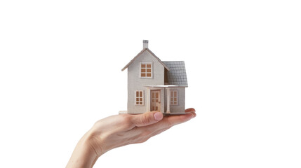Hand holding small model house with transparent background