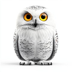 Fototapeta premium Snowy owl with bright yellow eyes staring forward, isolated on a clean white background