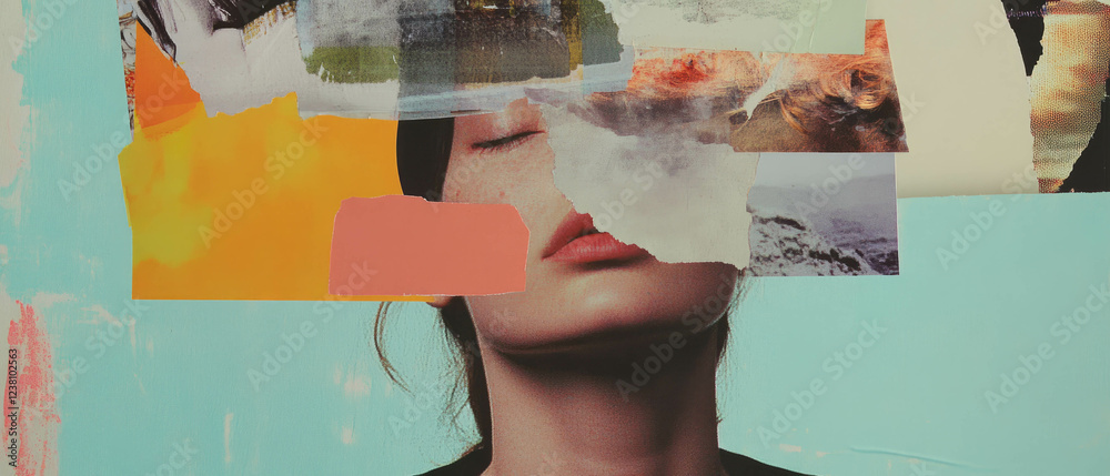 Poster creative minimalistic scrapbook collage with contrasting colors and textured elements