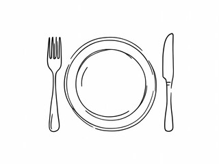 Minimalist Line Art of Plate with Cutlery