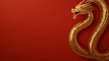 Obraz premium Golden snake with a red background, Chinese New Year theme, glittering scales, and fine details. The snake has a dragon head and a serpentine body