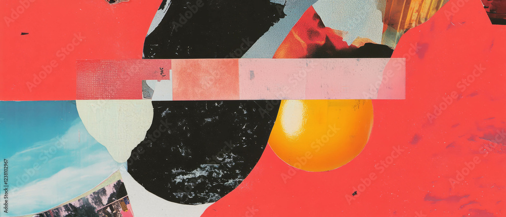 Poster minimalistic scrapbook collage showcasing abstract forms with vibrant textures and mixed media