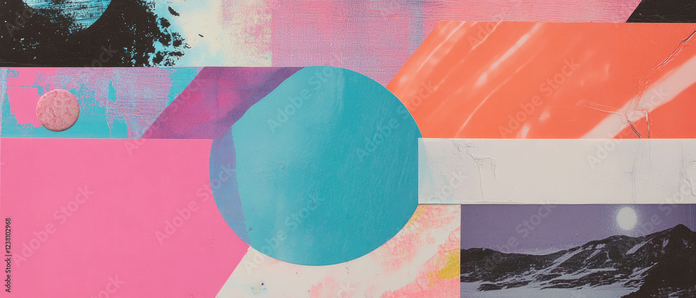Poster minimalistic scrapbook collage featuring colorful geometric shapes and layered textures