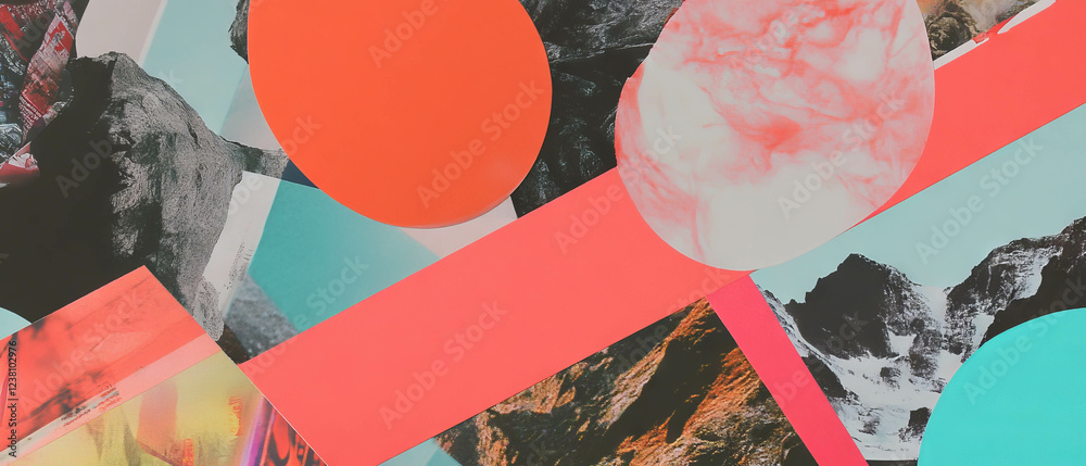 Poster exploring textures and colors in a minimalistic scrapbook collage with geometric shapes