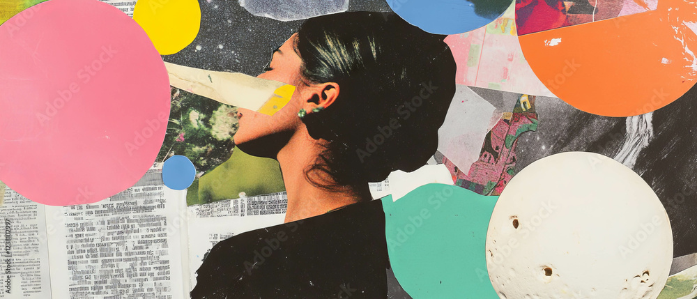 Poster exploring minimalistic scrapbook collage art with vibrant colors and textures