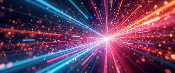 Obraz premium Dynamic abstract design with vibrant light streaks, colors representing motion, speed in digital universe. Colorful light beams radiate outwards from central point. Abstract pattern shows fast moving