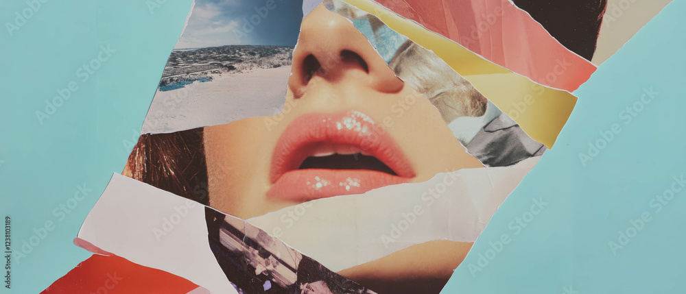 Poster minimalistic scrapbook collage featuring textured cutouts and three-dimensional elements