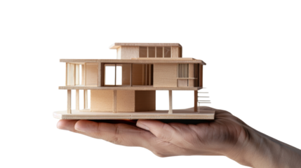Architect holding a modern sustainable wooden house model on transparent background