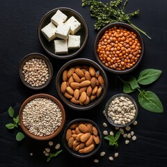 Obraz premium Crafting a vibrant display of plant-based goodness featuring nuts, tofu, and lentils on an elegant black backdrop. Generative AI
