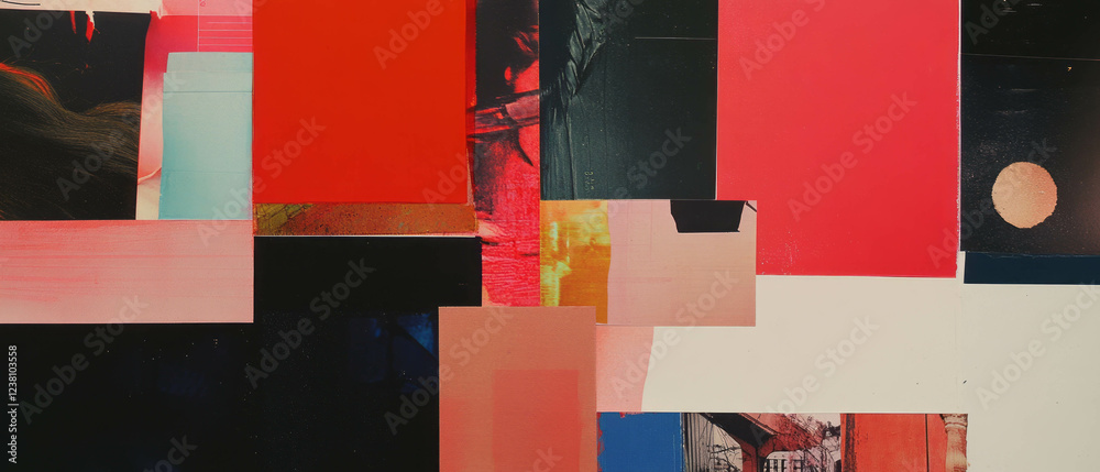 Poster minimalist scrapbook collage showcasing vibrant textures and abstract shapes in harmonious layout
