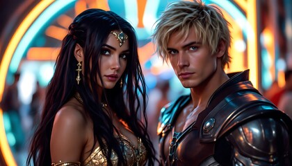 young couple in the nightclub with cosplay hero mode