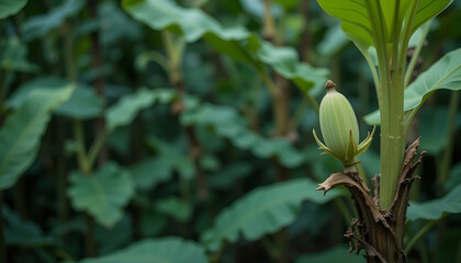 Obraz premium A delicate banana plant with small, distinct leaves and a tiny emerging banana, set in a tropical garden, offering space for text or design integration.