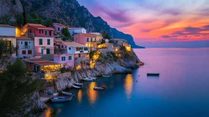 Fototapeta premium Sunset sea landscape with colorful reflections and a calm Mediterranean coastline.