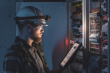 Electrician in overalls, focused on work in switchboard with fuses, using tablet.