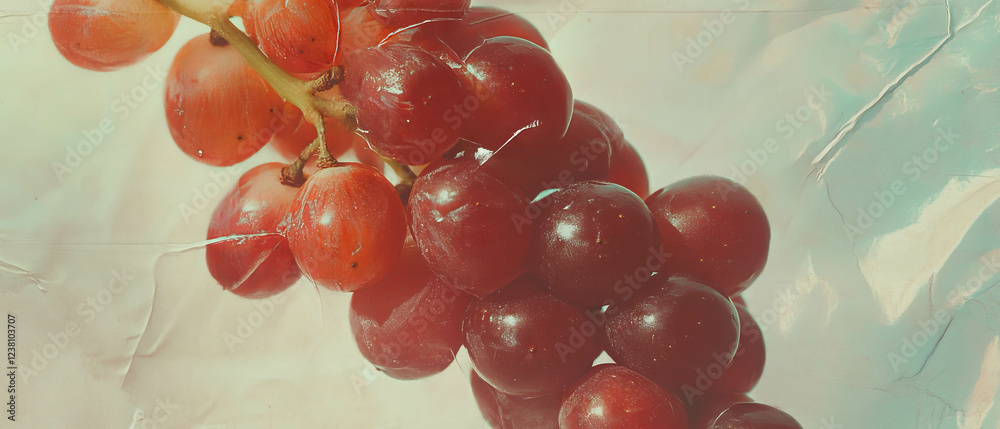 Poster minimalistic scrapbook style artwork featuring a cluster of grapes on a textured background