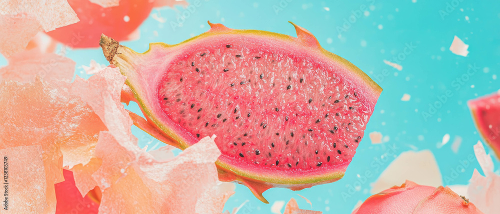 Poster delicate dragon fruit slice in a minimalistic scrapbook-style composition with paper cutouts