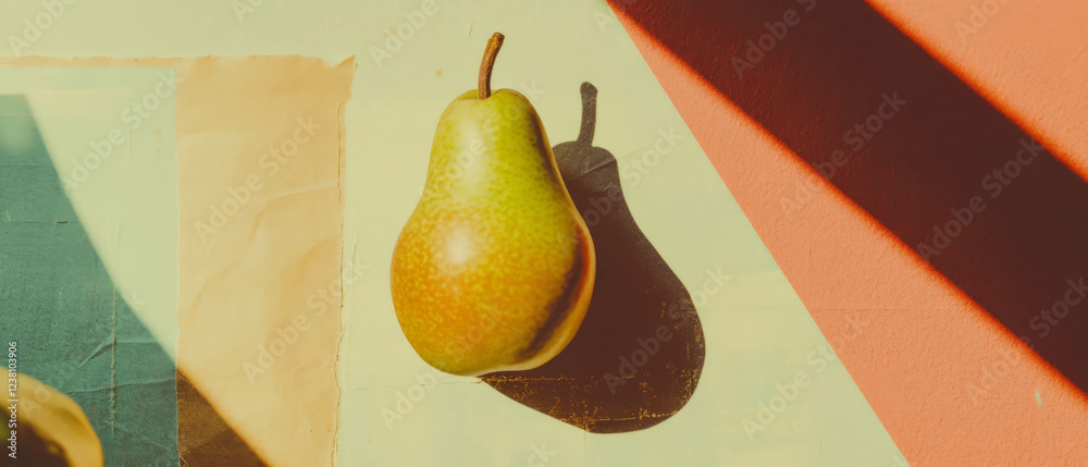 Poster Minimalistic scrapbook-style composition featuring a pear on textured background
