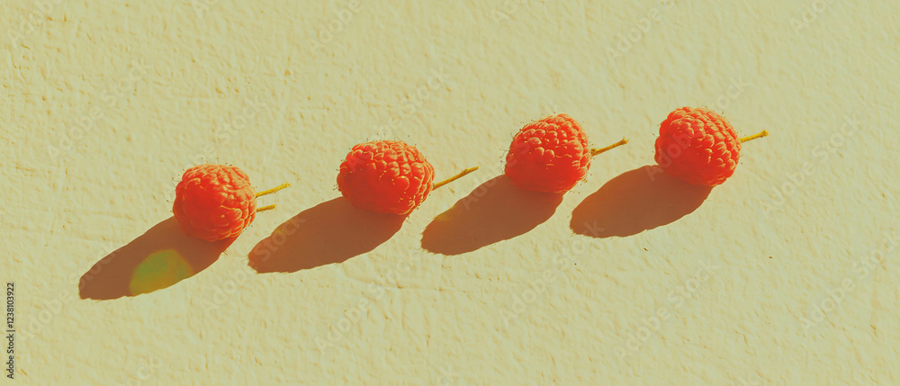 Poster minimalistic scrapbook composition featuring arranged raspberries on a neutral backdrop