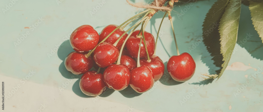 Aufkleber Cluster of cherries tied with string in a minimalistic scrapbook-style composition
