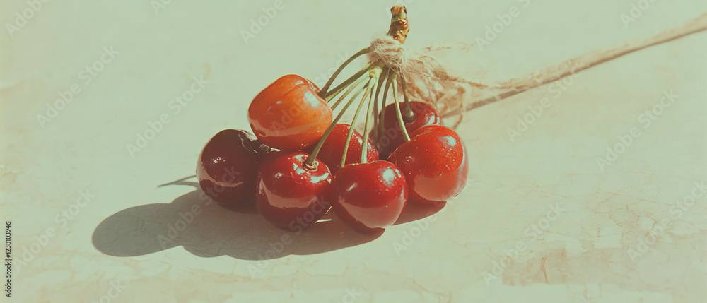 Poster Minimalistic scrapbook-style artwork featuring a delicate cluster of cherries tied with string