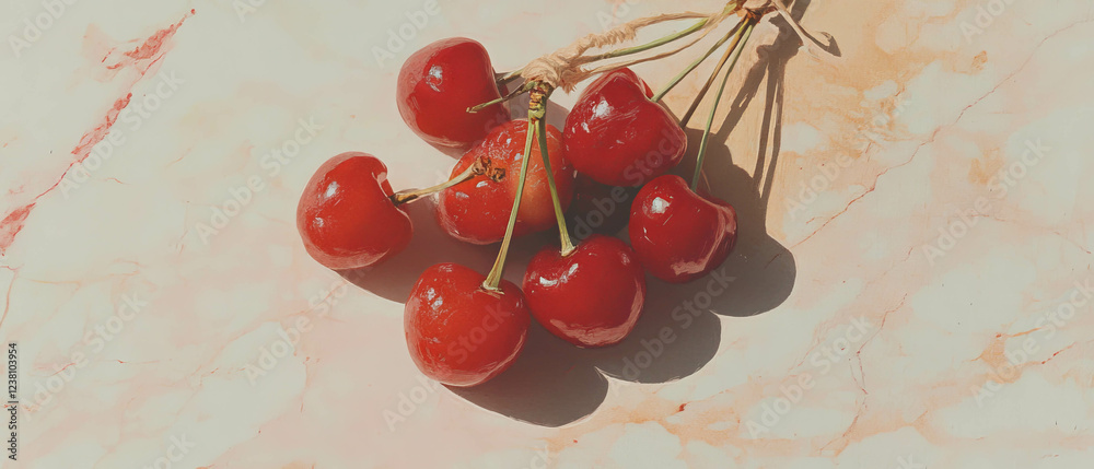 Poster minimalistic scrapbook arrangement of tied cherries on a softly textured background
