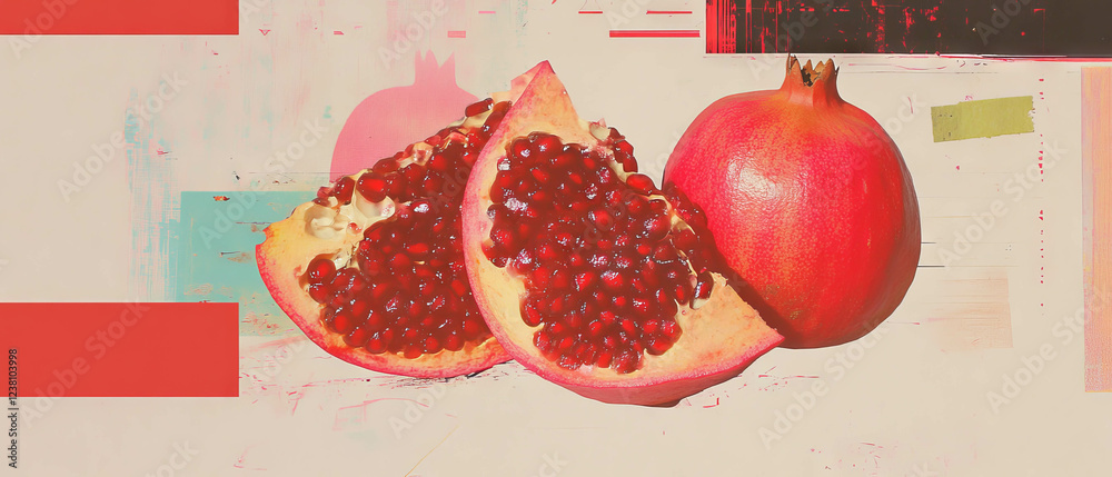 Aufkleber Delicate pomegranate slice in a minimalistic scrapbook-style design with textured background