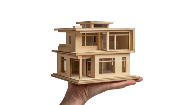 Architect holding small wooden model house with transparent background