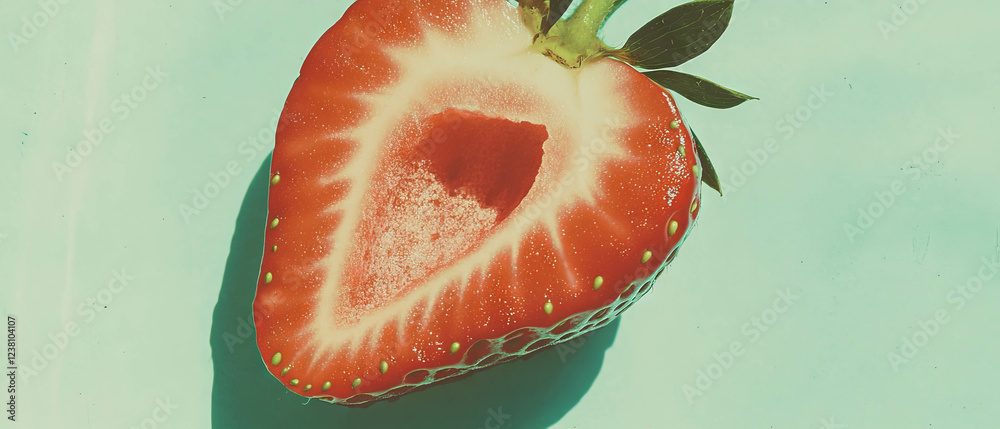 Poster minimalistic scrapbook composition featuring a halved strawberry with delicate paper details