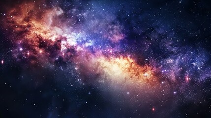 Fototapeta premium Spectacular star-filled night sky showcasing a vibrant nebula and swirling galaxy in a vast cosmic panorama