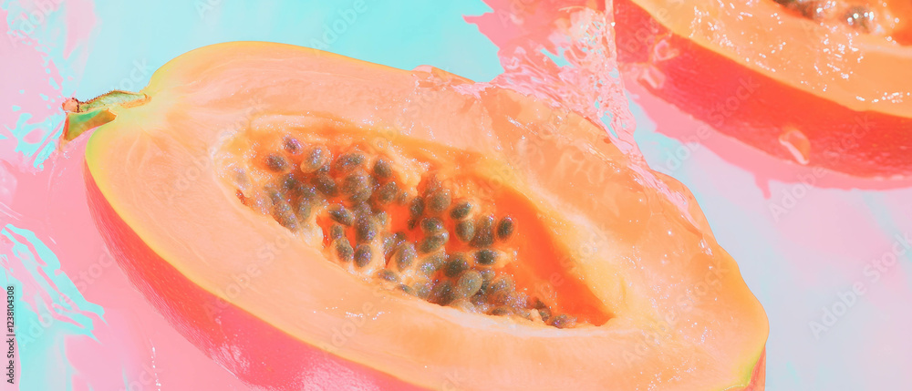Poster halved papaya in minimalistic scrapbook style with watercolor background and delicate textures