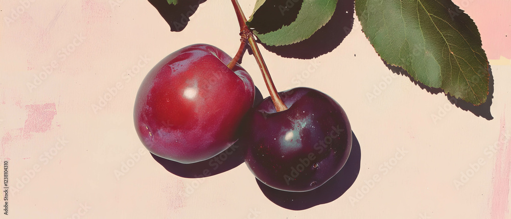 Poster minimalistic scrapbook composition featuring a plum with hand-drawn stem and delicate textures