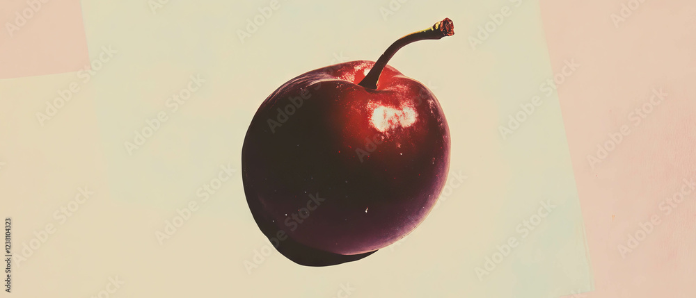 Poster artistic scrapbook composition featuring a single plum and hand-drawn elements