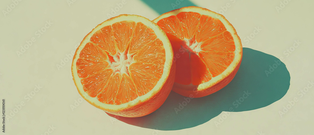 Poster minimalistic scrapbook composition featuring halved tangerine with paper textures