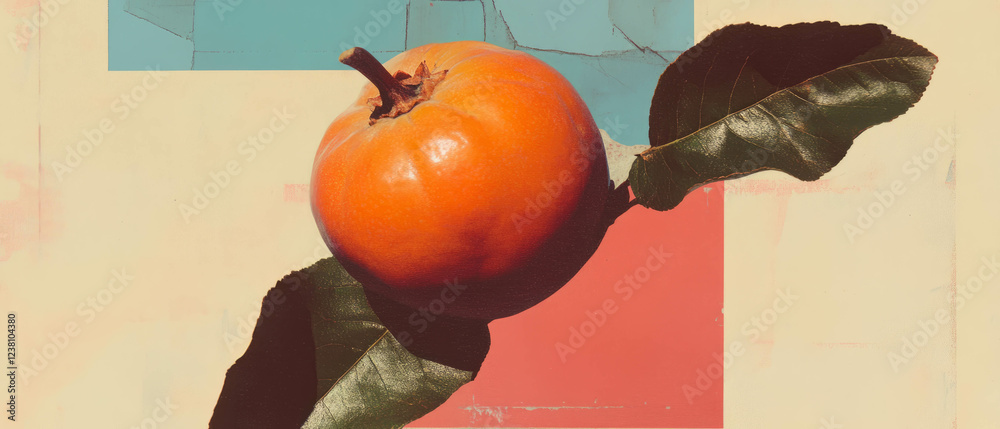 Poster minimalistic scrapbook artwork featuring a single persimmon on textured background