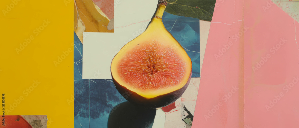 Poster minimalistic scrapbook composition featuring a fig on a textured background