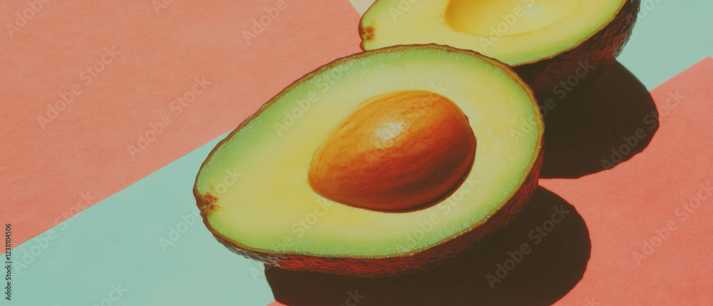 Poster halved avocado on kraft paper background in minimalistic scrapbook style with delicate textures
