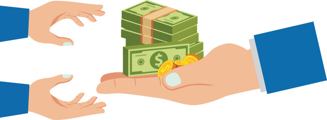 Greed and desire, profit or gain, getting a wage or salary, hands to grab the money inside the big hands