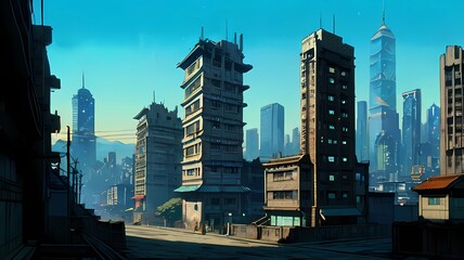 Naklejka premium ゲーム背景 遠目から見たオリエンタルなビルが並ぶファンタジー街の大通り風景