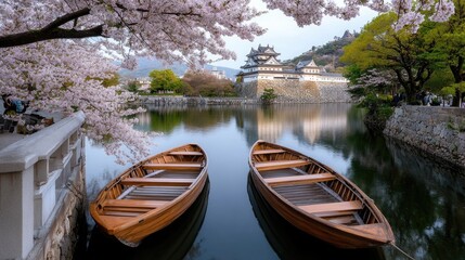 Obraz premium People enjoy rowing on the river surrounded by cherry blossom trees in full bloom, celebrating the beauty of spring in Japan