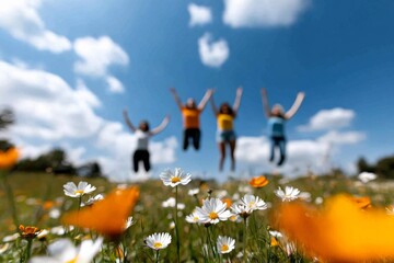 Joyful Spring Awakening Friends in Vibrant Casuals Amidst Wildflowers Celebrating International Day of Happiness and Easter for Modern Lifestyle Marketing