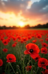 Obraz premium Vibrant red poppy field at summer sunset in Europe. Beautiful landscape. Blooming flowers in rural area. Sunlight on flowers. Natural beauty. Bright colors. Poppy flowers blossom in field during