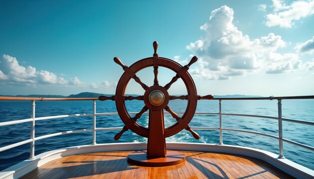 Wooden ship wheel on deck of boat. Calm blue sea, sky with clouds. Sunny day. Navigation concept. View from boat steering position. Suggests journey, adventure, sense of control in cruise sailing